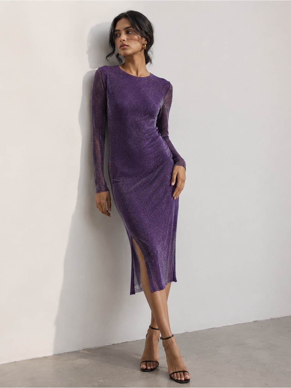 JJXX Purple Glitter Women's Long Sleeve Midi Dress Size M NWT